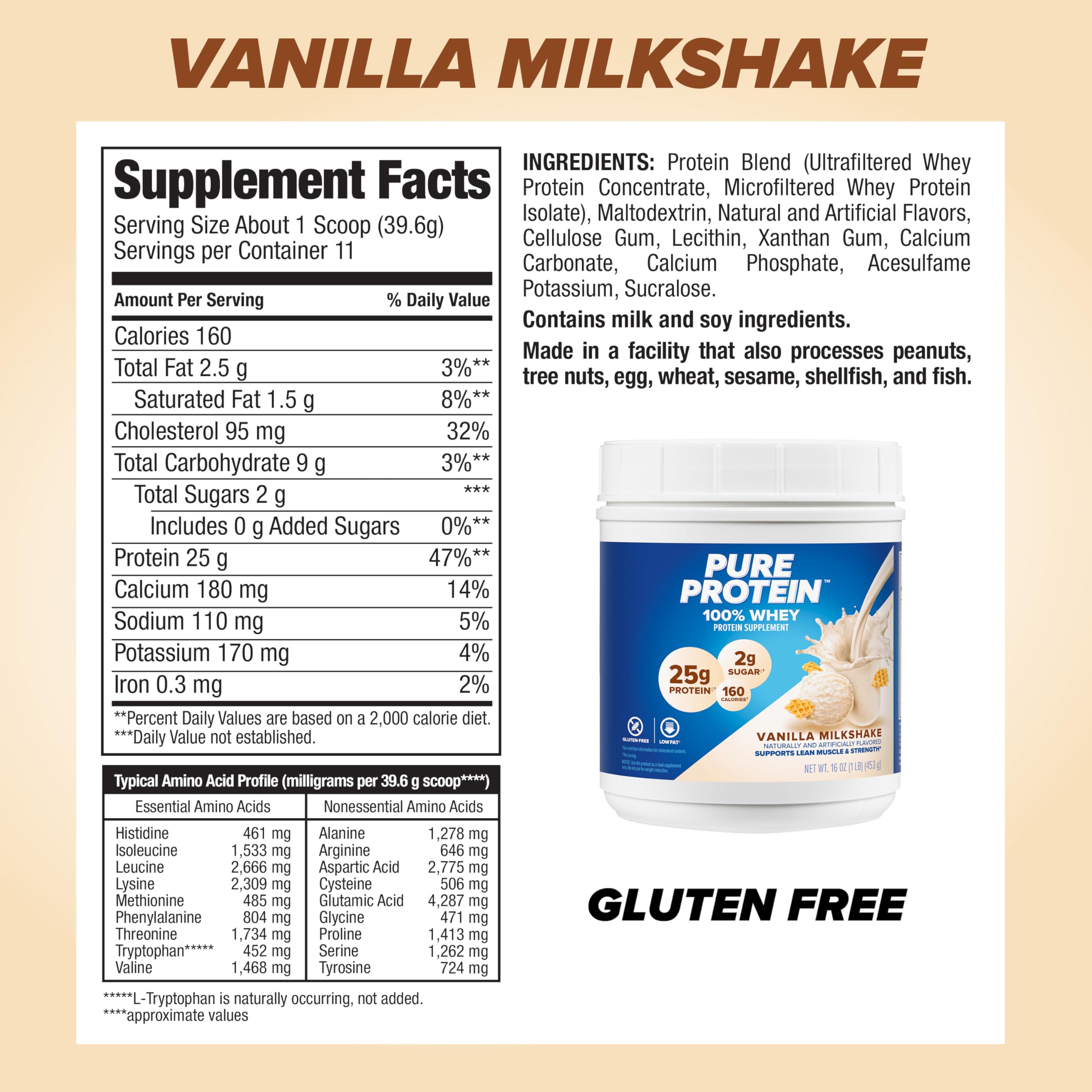 Pure Protein Powder, Whey, High Protein, Low Sugar, Gluten Free, Vanilla Cream, 1 lb