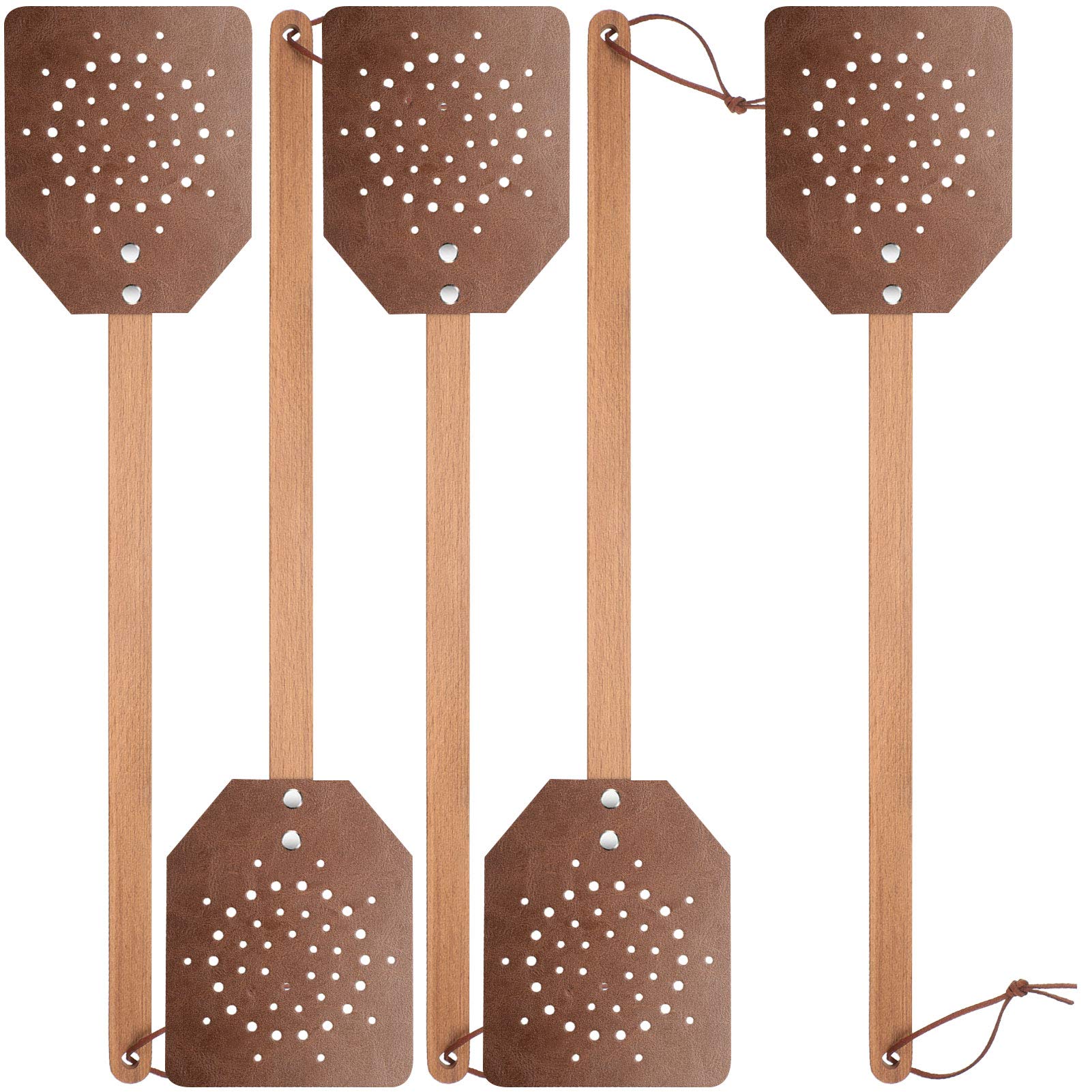 YoungJoy Leather Heavy Duty 19 Inch Rustic Manual Swat with Wooden Long Handle(5 Pack, Chocolate)