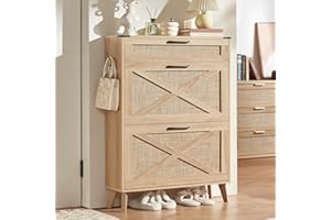LEYAOYAO Shoe Storage Cabinet for Entryway with 2 Rattan Flip Drawers, Boho Narrow Shoe Cabinets for 16-20 Pairs Shoes with Large Drawers, Hidden Slim Shoe Rack with Wood Legs for Hallway, Natural Oak