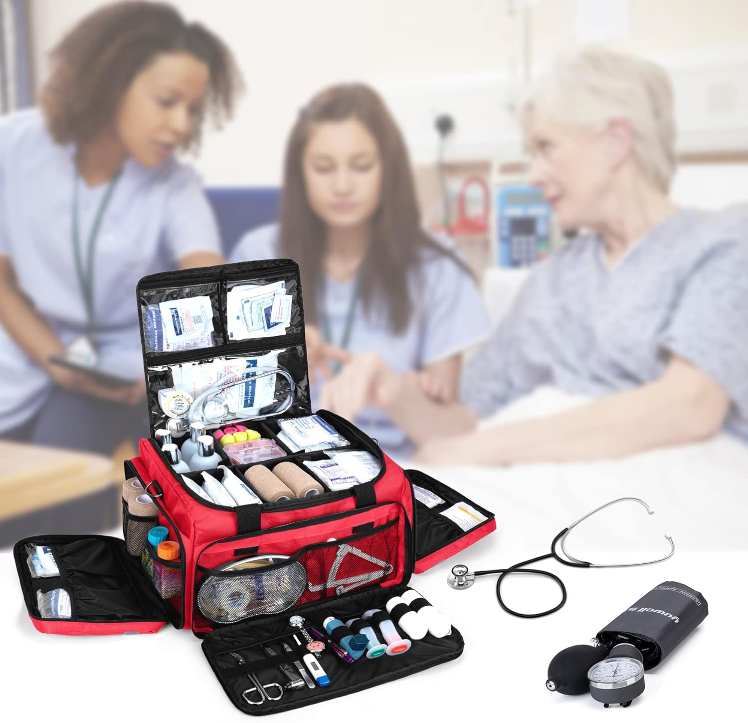 Trunab First Responder Bag Empty, Professional Medical Supplies Bag First Aid Kits Bag with Inner Dividers for Home Health Nurse, Community Care, EMT, EMS, Bag Only, Red - Patented Design: Health & Personal Care