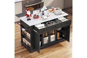 YITAHOME 60 Inch Kitchen Island with Drop Leaf, Mobile Stroage Islands with Stainless Steel Top, Rolling Island Table with Power Outlet, Adjustable Shelves, Spice Rack, Towel Rack for Kitchen, Black