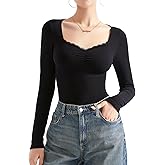 SUUKSESS Women Sweetheart V Neck Long Sleeve Tops Lace Trim Ribbed Modal Fall Going Out Shirts