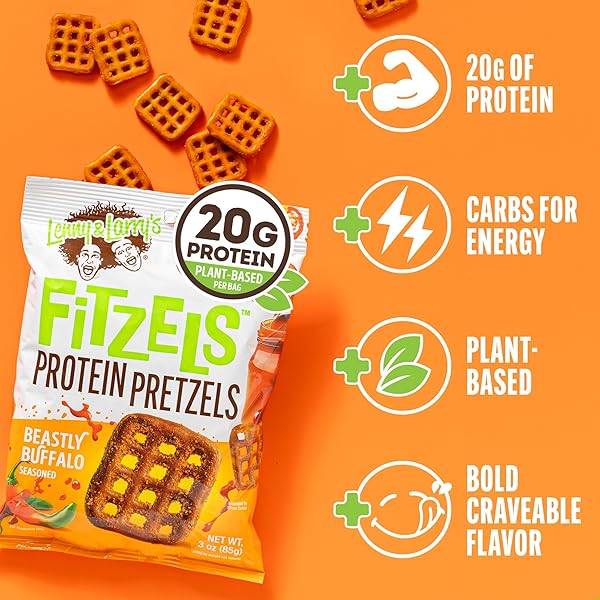 LENNY & LARRY’S FITZELS PROTEIN PRETZELS [BEASTLY BUFFALO] – 8 X 3OZ BAGS OF HIGH PROTEIN SNACKS WITH 20G PLANT BASED PROTEIN – VEGAN SNACK – INCREDIBLY TASTY WITH SALTY CRUNCH