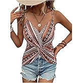 Milumia Women's Geo Twisted Front Cami Top Boho Spaghetti Strap V Neck Asymmetrical Hem Crop Tops