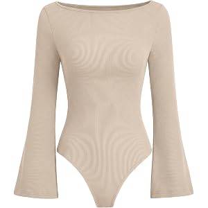 ANRABESS Womens Bell Sleeve Bodysuits Top | Crew Neck Flare Long Sleeve Body Suits，Slim Fit，Soft Rib Knit, Fall Winter Layer，