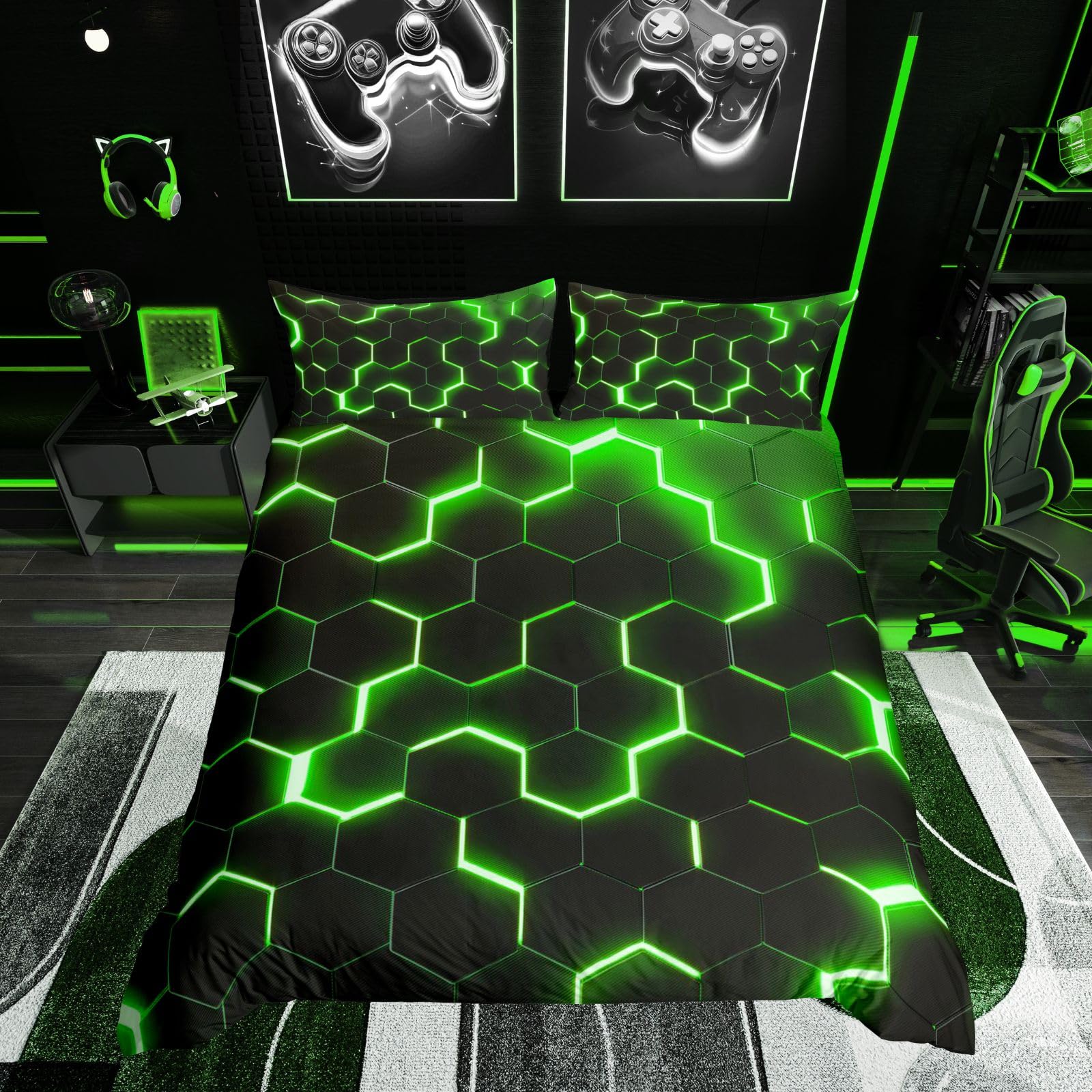 Homewish Geometric Duvet Cover King Size,Teen Boys Green Black Neon Light Honeycomb Bedding Sets, Hexagon Comforter Cover Modern Fashion Bedspread Cover 2 Pillow Cases Room Decor — image 1