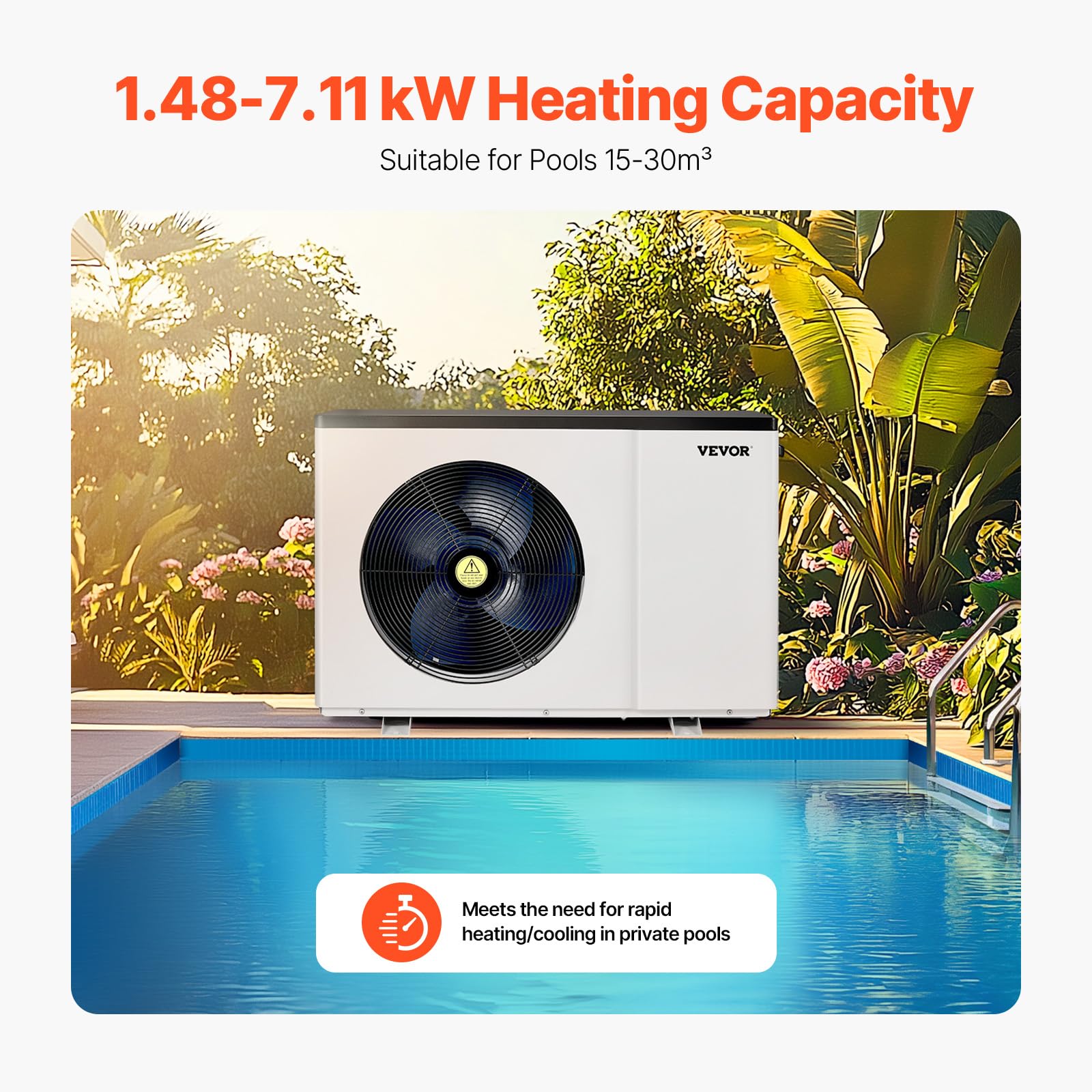 VEVOR Elektrische Pool-Wärmepumpe, 1,48–7,11 kW Heizleistung, energiesparende Poolheizungen mit Variabler Frequenz für 15–30 m³ Aufstellpools, Heiz- und Kühlpool-Warmwasserbereiter 2