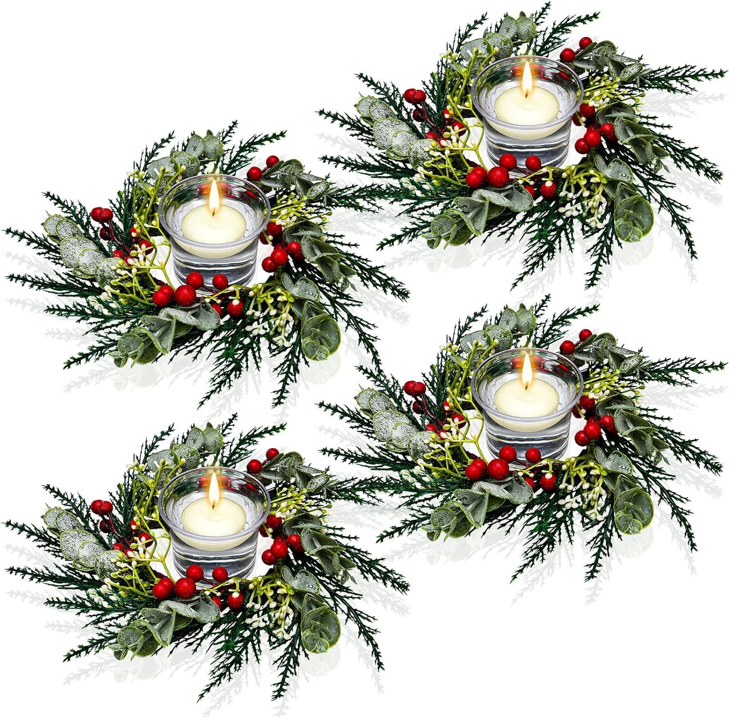 LATERN 4Pcs Christmas Candle Rings, 20CM Artificial Red Berries Wreath Snowy Pine Needles Candle Ring for Pillars Rustic Wedding Centerpiece Front Door Christmas Table Decoration
