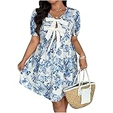 Floerns Women's Plus Size Floral Tie Neck Flowy Dress Puff Sleeve Vacation Short Dresses