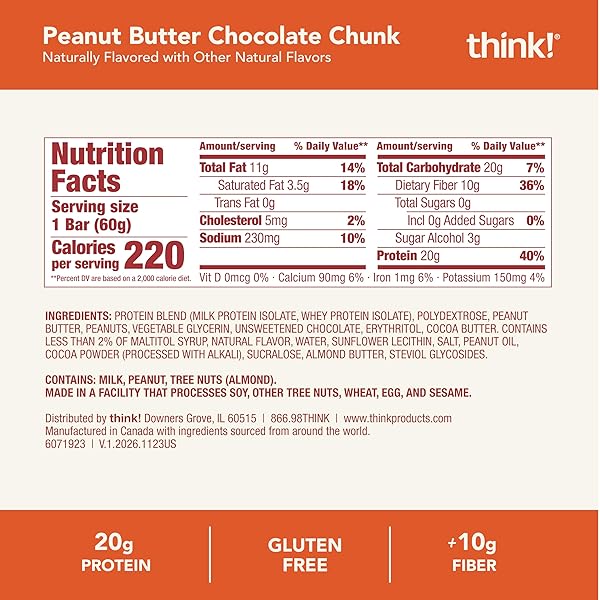 THINK! PROTEIN BARS, HIGH PROTEIN SNACKS, GLUTEN FREE, HIGH FIBER, PEANUT BUTTER CHOCOLATE CHUNK, 10 COUNT