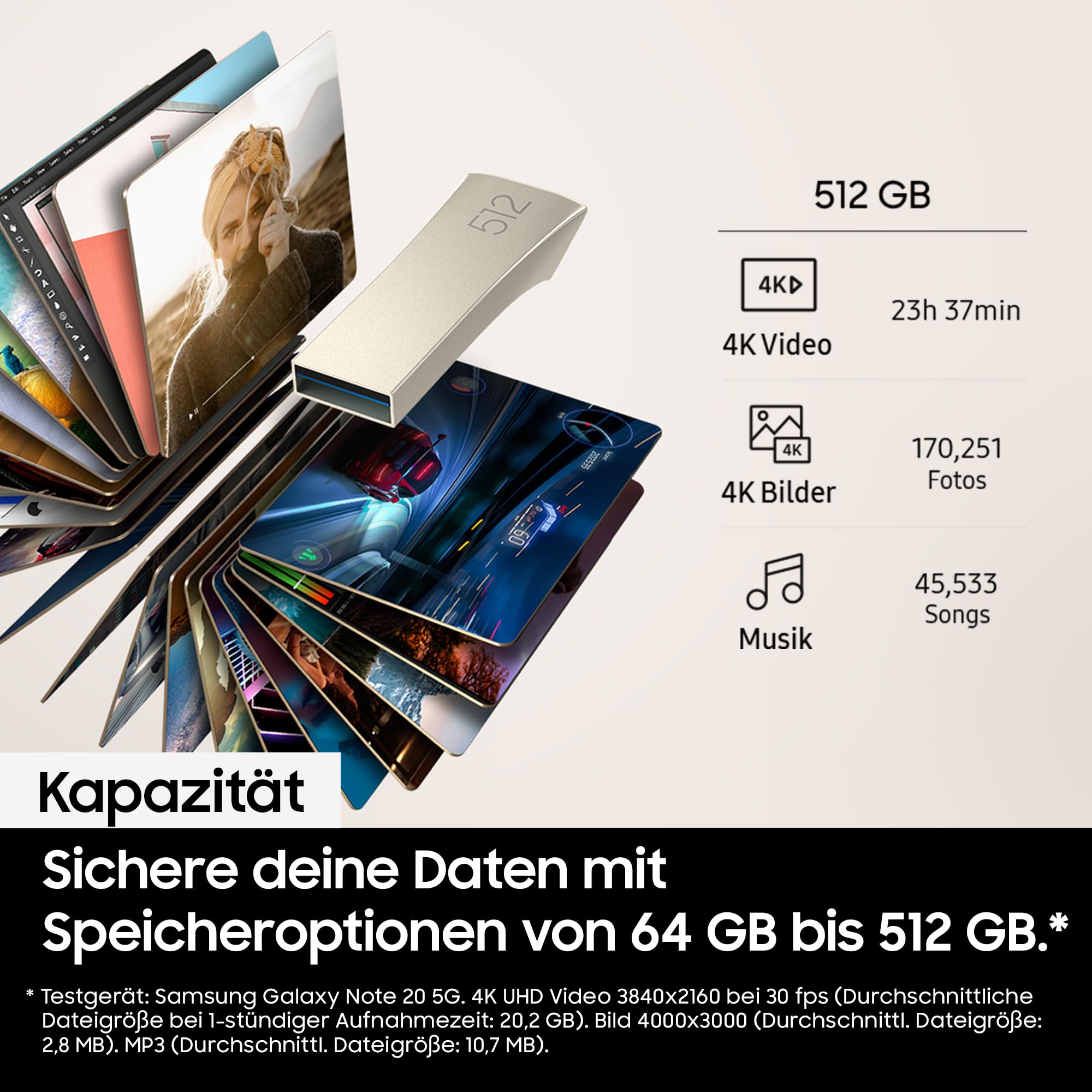 Samsung BAR Plus USB-Stick Typ-A, 512 GB, 400 MB/s Lesen, 110 MB/s Schreiben, Widerstandsfähiger USB 3.2 Speicherstick mit Schlüsselring, Champagne Silver, MUF-512BE3/APC 3