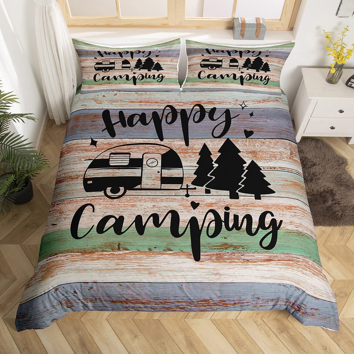 richhome Camping Truck Bedding Set for Youth TeensPurple Green Stripes Barn Comforter Cover bedding & linen Duvet Cover Boys GirlsCamper Happy Travelling Printed Bedspread Cover King Size