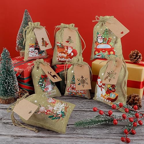 28 Pcs Christmas Treat Bags, Burlap Small Christmas Gift Bags