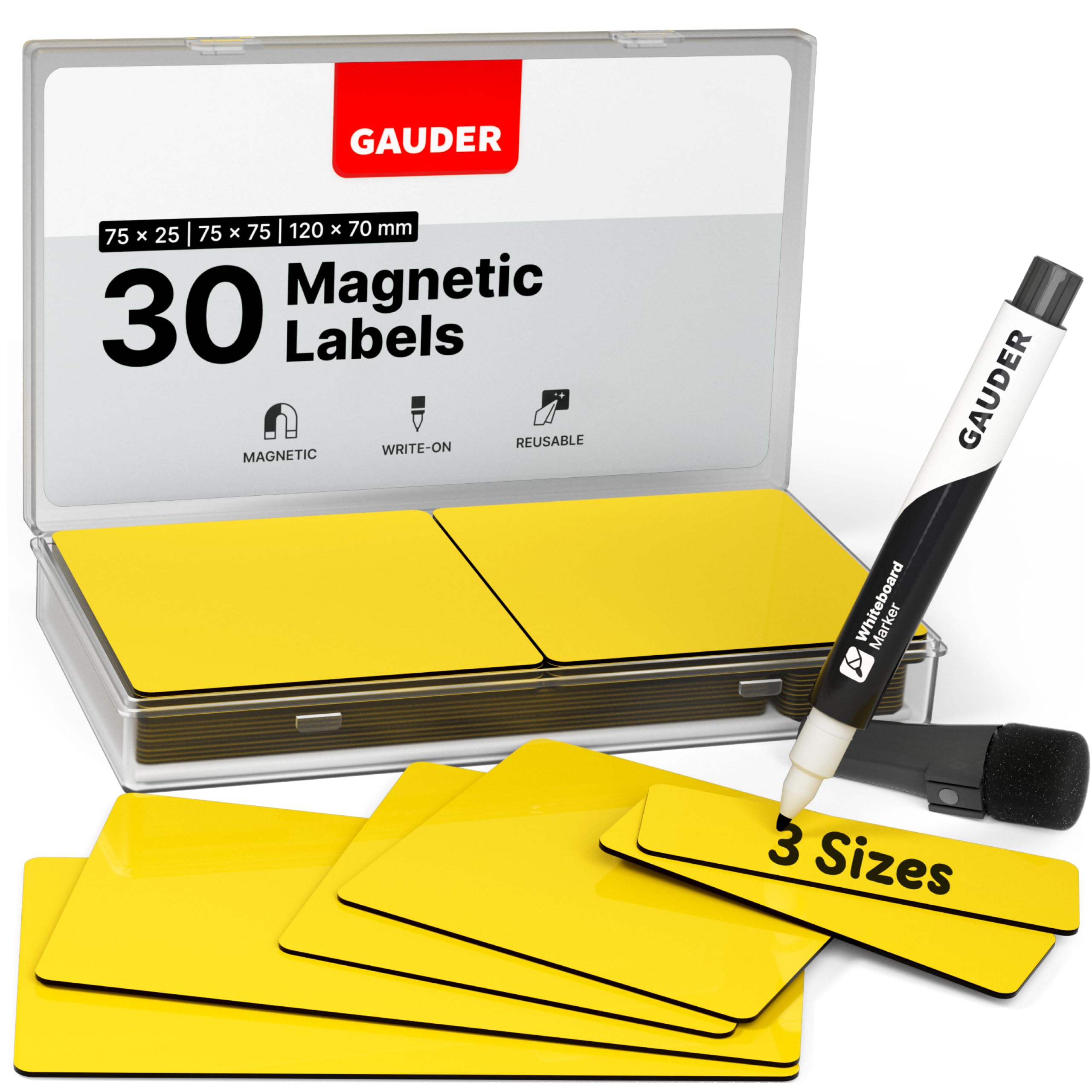 GAUDER Magnetic Labels Writable - Reusable Magnetic Tags for Whiteboard, Blackboard, Kanban Board and Fridge - Magnet Cards with Marker (30 Pieces - 3 Sizes)