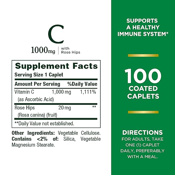 NATURE’S BOUNTY VITAMIN C + ROSE HIPS, IMMUNE SUPPORT, 1000MG VITAMIN C, COATED CAPLETS, 1 SERVING PER DAY, VEGETARIAN CAPLETS, 100 CT