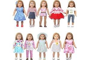 MSYO 10 Sets Doll Clothes for 18 Inch American Dolls, Sweet Style Doll Clothes Accessories Including Dresses, Bikini Swimsuits, Pajamas, Doll Dress Up Outfits Gift Ideas, Total of 17 Pieces