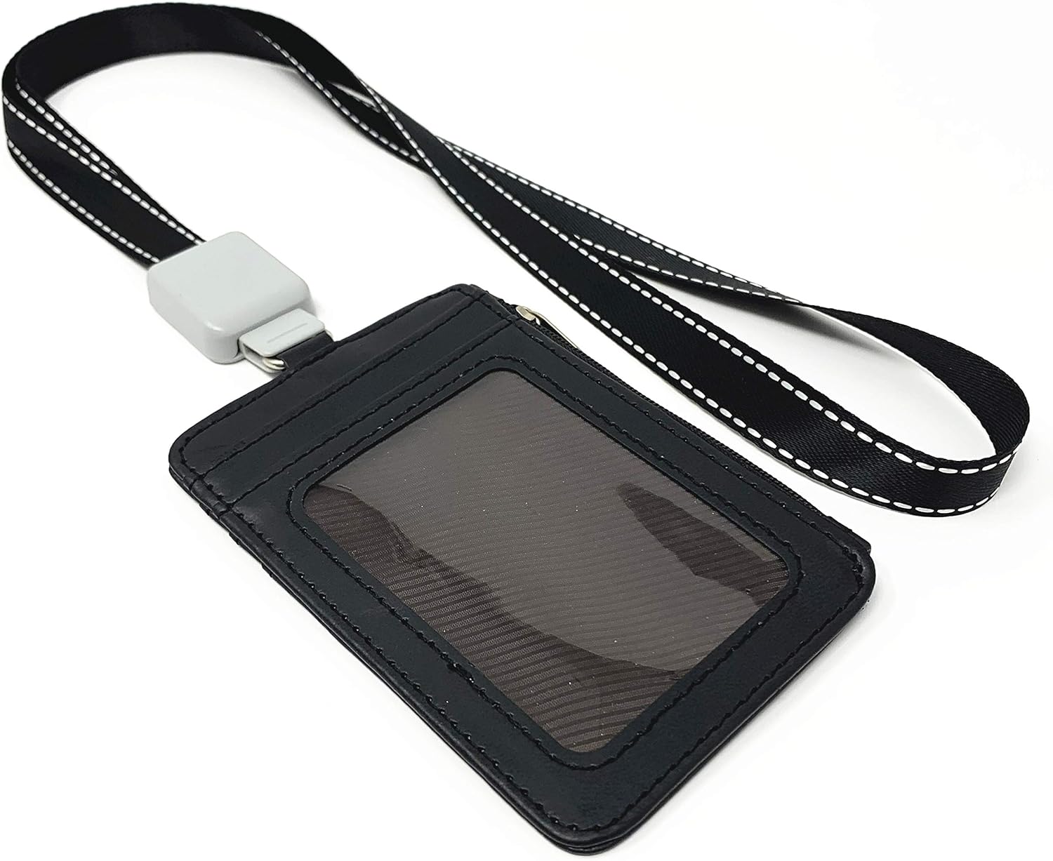 PU Leather Vertical ID Badge Holder with Zip, Slim Double