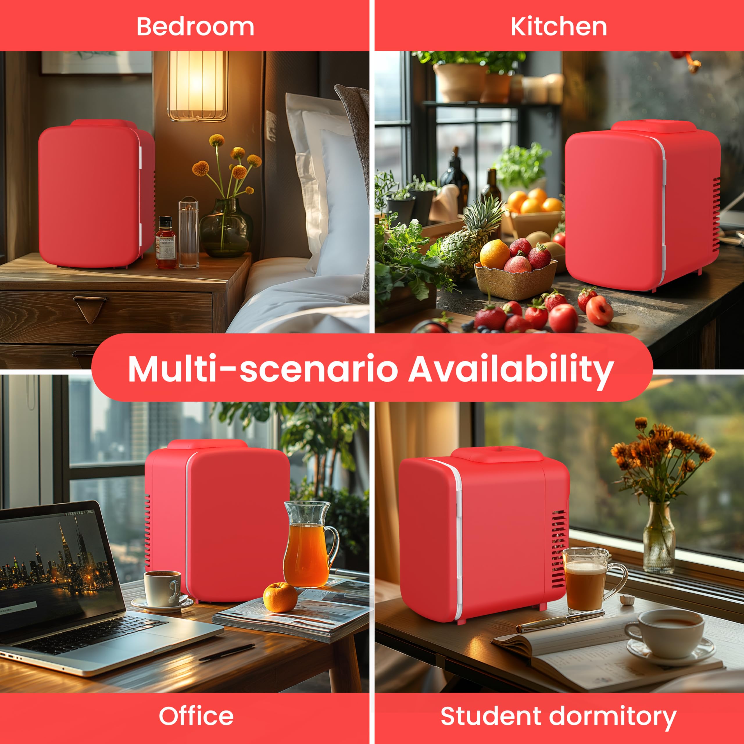 Simple Deluxe Portable Mini Fridge 4-Liter/6 Can 100% Freon-Free Cooler & Warmer Compact Refrigerator for Skincare, Cosmetics, Beverage, Food, 4L, Red