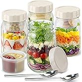 Cifuqian 4 Pack Glass Salad Jars with Lids, 32oz Leakproof Glass Mason Jars for Salad & Meal Prep, Dressing Cup & 2 Forks, Leakproof Food Storage Containers for Lunch BPA Free & Reusable