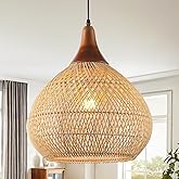 Karjearl Rattan Pendant Light, 15.7" Rattan Chandelier Hand-Woven Boho Pendant Light Fixtures with Solid Wood, Basket Wicker 