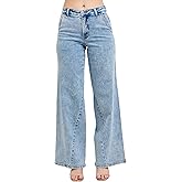 Judy Blue Women's High Rise Stone Wash Retro Wide Leg Fit Jeans with Skewed Inseam