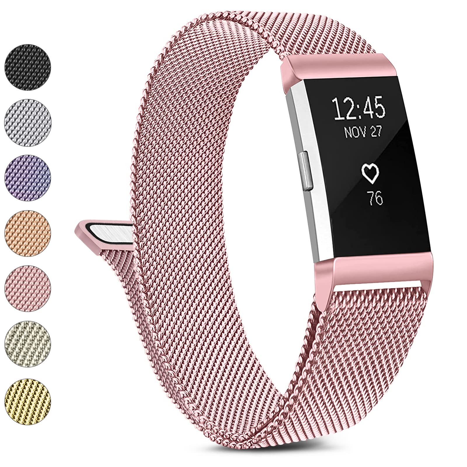 Photo 1 of Metal Band Compatible with Fitbit Charge 2 Bands Women Men, Stainless Steel Mesh Loop Adjustable Wristband Replacement Strap for Fitbit Charge 2 (Small, Rose Pink)