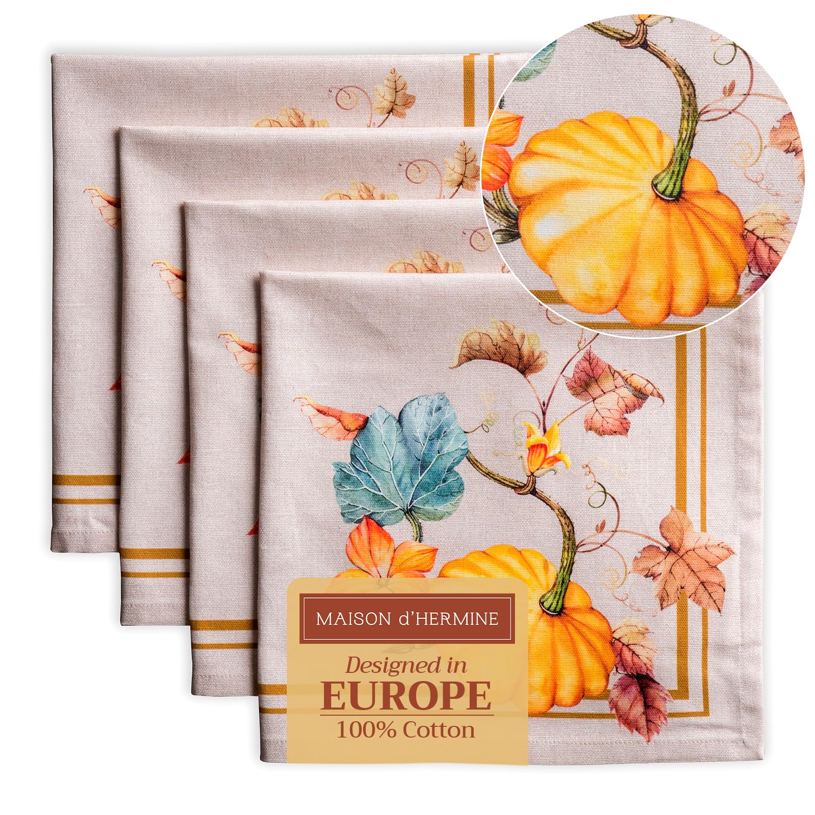 Maison d' Hermine Cloth Napkins Set of 4 100% Cotton for Christmas Decorations Everyday Reusable Square Autumn Napkins Cloth Washable Dinner Party Wedding (Potiron, 45 CM x 45 CM)