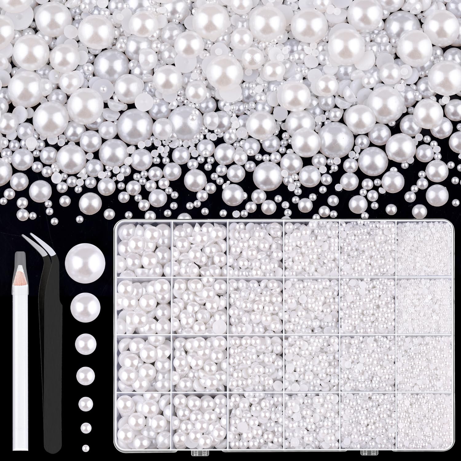 Photo 1 of 11000Pcs Flatback Pearls for Crafting (White), Assorted Size 2/3/4/5/6/8/10mm Non Hotfix Half Pearl, Bedazzling Bead for DIY Crafts Clothing Tumblers Mugs Shoes Fabric Embellishment Nail Art Makeup