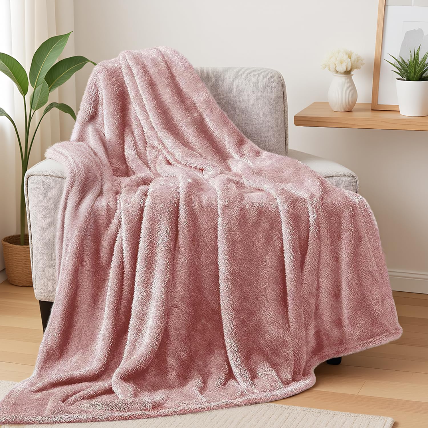 Exclusivo Mezcla Plush Fuzzy Fleece Throw Blanket 127x178 CM, Super Soft, Fluffy and Warm Blankets for Couch, Bed, All Season Use, Dusty Pink — image 1
