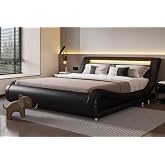 SHA CERLIN Queen Bed Frame with Modern Upholstered LED Headboard, Black | Low Profile Sleigh Design, Adjustable Headboard, PU leather, Strong Wood Slats Support, No Box Spring Needed, Easy Assembly