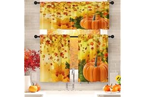 Arttown Fall Leaves Kitchen Curtains Window Curtains and Valances Set 36 Inch, Autumn Pumpkin Happy Thanksgiving Colorful Short Tier Curtain, Orange Small Kitchen Decor