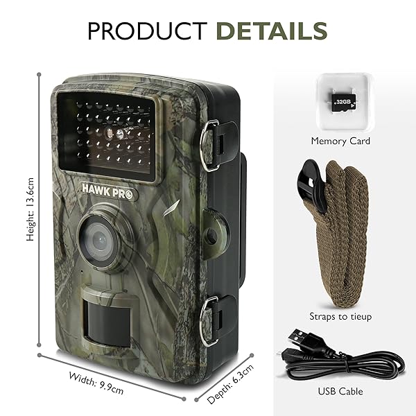 HAWKPRO DL-002 TRAIL CAMERA (NON-CELLULAR) – 60MP GAME CAMERA WITH NIGHT VISION MOTION ACTIVATED WATERPROOF IP-66, 0.3S TRIGGER TIME & 120° WIDE ANGLE – TRAIL CAM W/ 32GB CARD, USB CABLE & STRAP