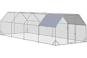 PawHut Large Chicken Coop Metal Chicken Run with Waterproof and Anti-UV Cover, Flat Shaped Walk in Fence Cage Hen House for Outdoor and Yard Farm Use, 1" Tube Diameter, 9.2' x 24.9' x 6.4'