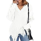 Femfady Women Sweater Fall Off The Shoulder V Neck Fringe Knit Pullover Long Sleeve Tops