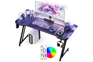 Gamtimer Gaming Desk with LED Lights,47 inch Carbon Fiber Surface RGB Gaming Computer Table, 384 Color Mode with Remote Control, Cup Holder and Headphone Hook - Black
