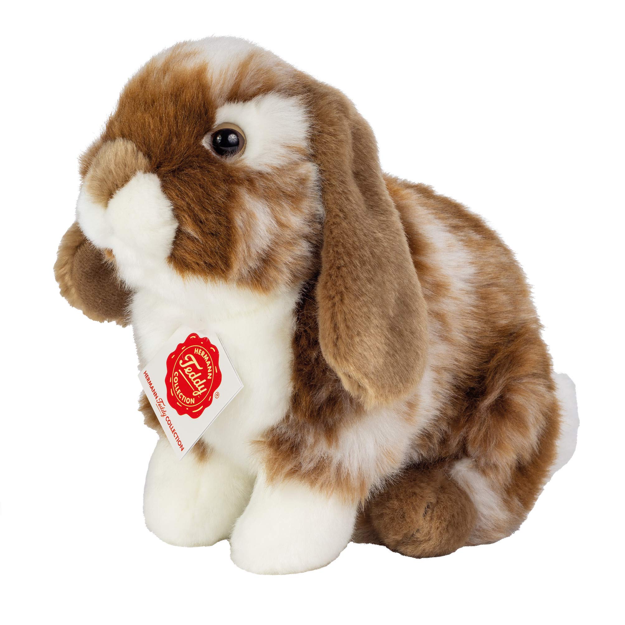 Teddy Hermann 93724 Hare Aries-Rabbit Sitting Dark Brown/White Piebald 7,9"/20 cm, Soft Toy, Plush Toy