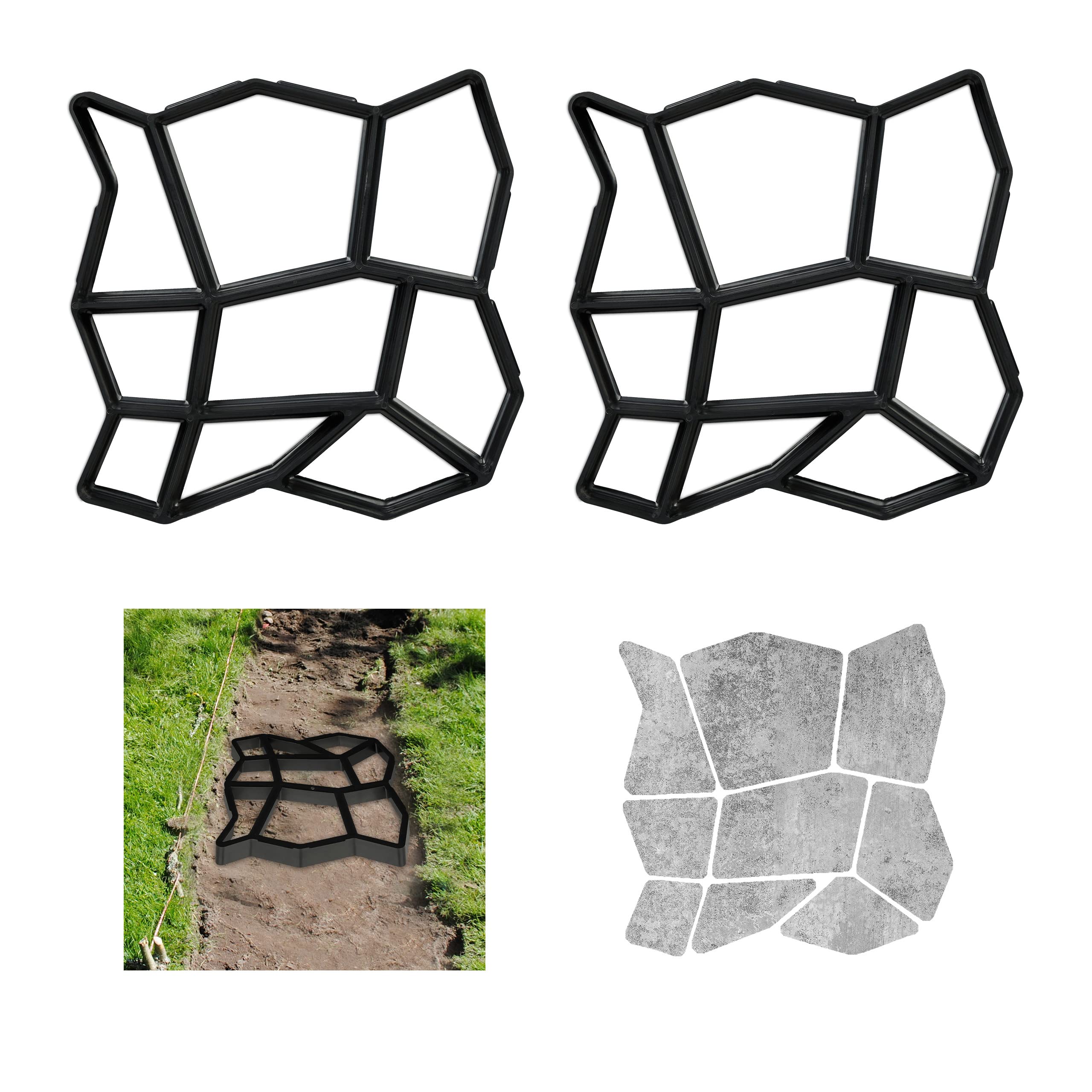 Relaxdays 2x Concrete Mould, Irregular Shape, Cement Cast, Frame, Pavement Stone, Patio, Plaster, HxWxD 4x32x32cm, Black