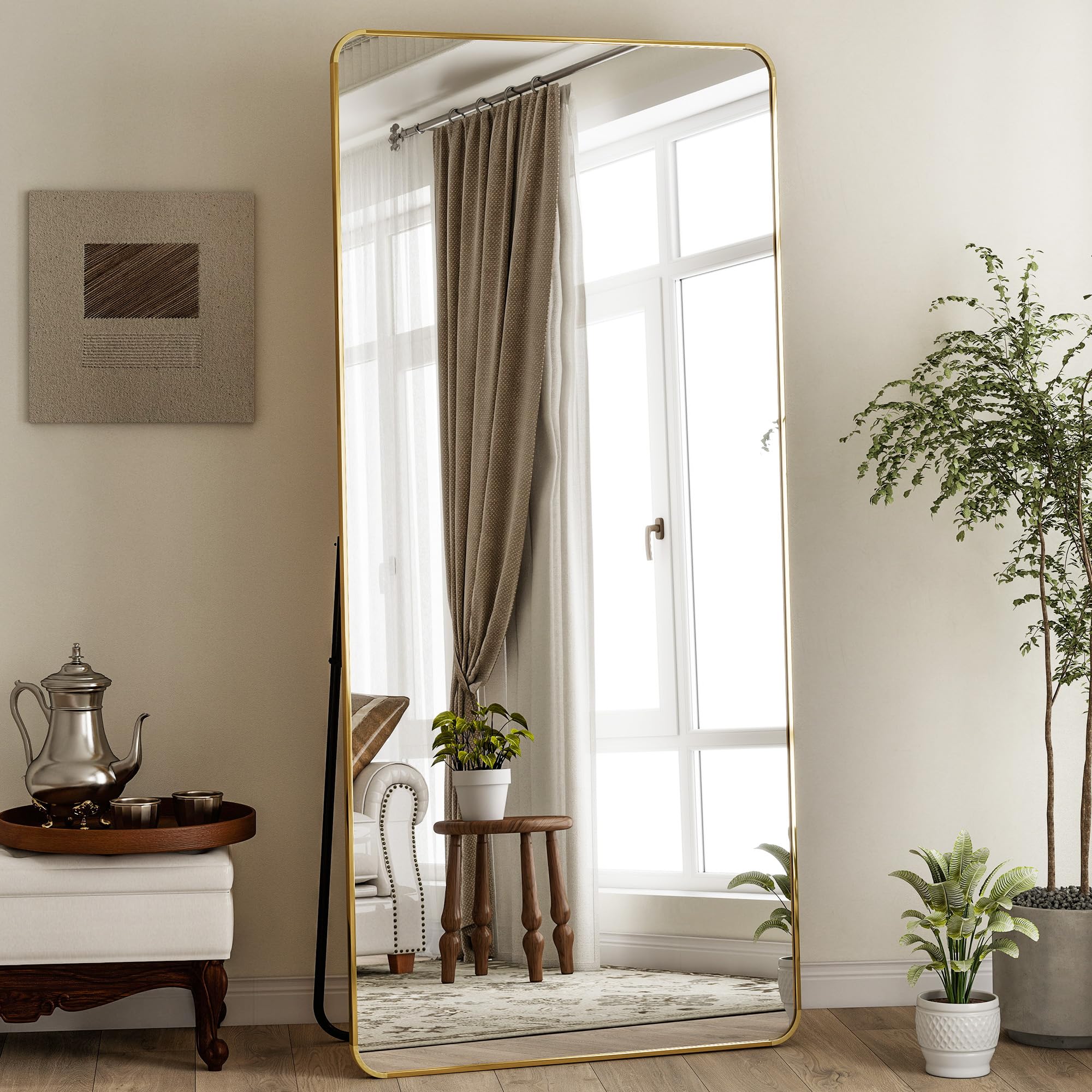 BEAUTYPEAK Gold Full Length Mirror, 76"x34" Rounded Corner Floor Mirror Standing Hanging or Leaning Against Wall, Suitable for Bedroom or Dressing Room Image