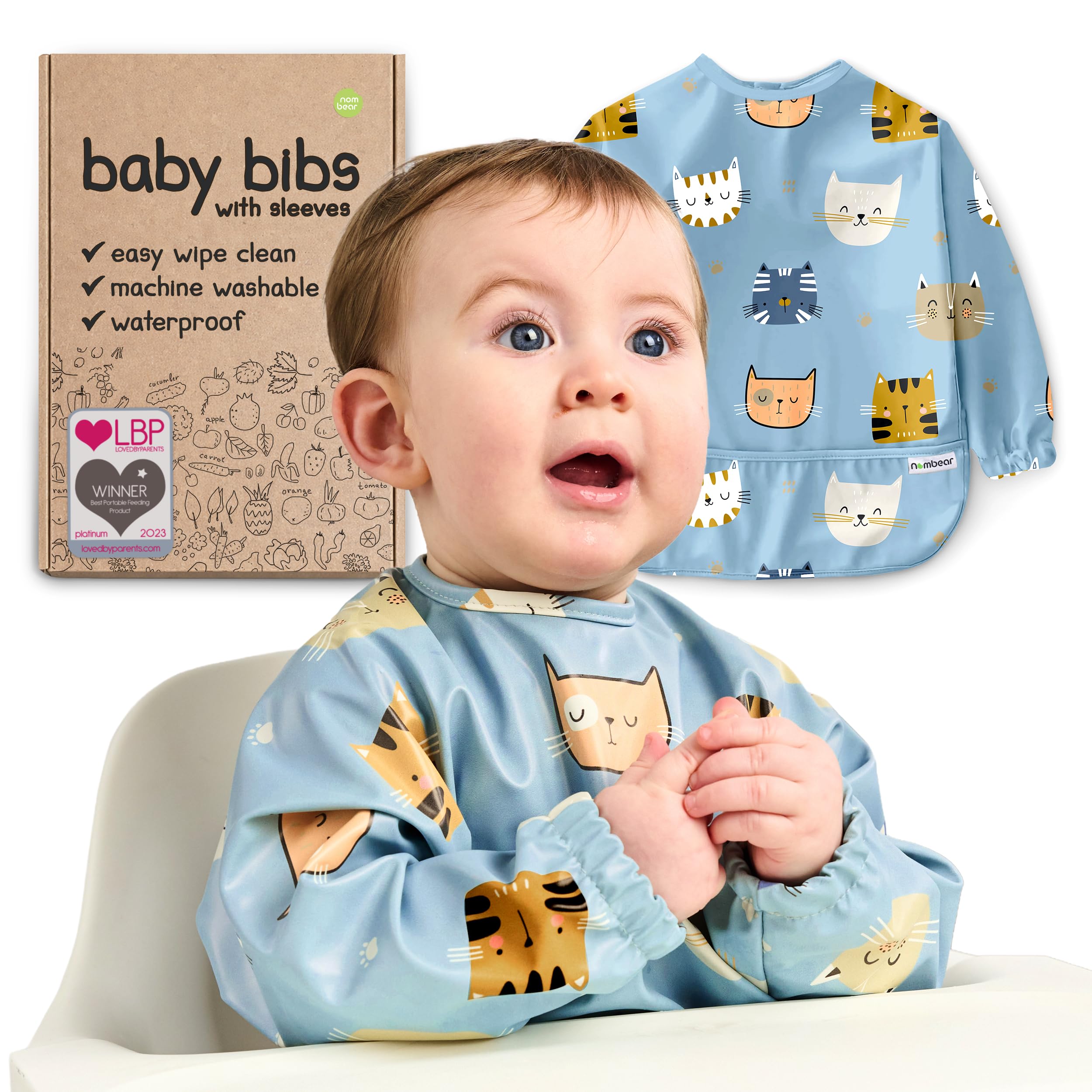 Nombear Baby Bibs with Sleeves for 6-24 Months, 1 Pack - Easy Wipe Clean, Machine Washable Baby Weaning Bib with Sleeves, Waterproof Long Sleeve Bibs, Non Silicone and Coverall Bib