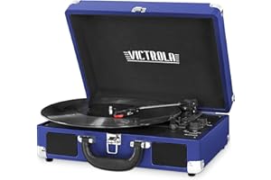 Victrola Journey Bluetooth Portable Suitcase Record Player – with Built-in Speakers, 3 Speed Vinyl Record Player, RCA Out, Headphone Jack (Cobalt Blue)