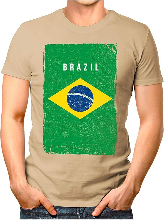 OM3® BrazilFlagVintage Herren TShirt Brasilien Flagge Fussball