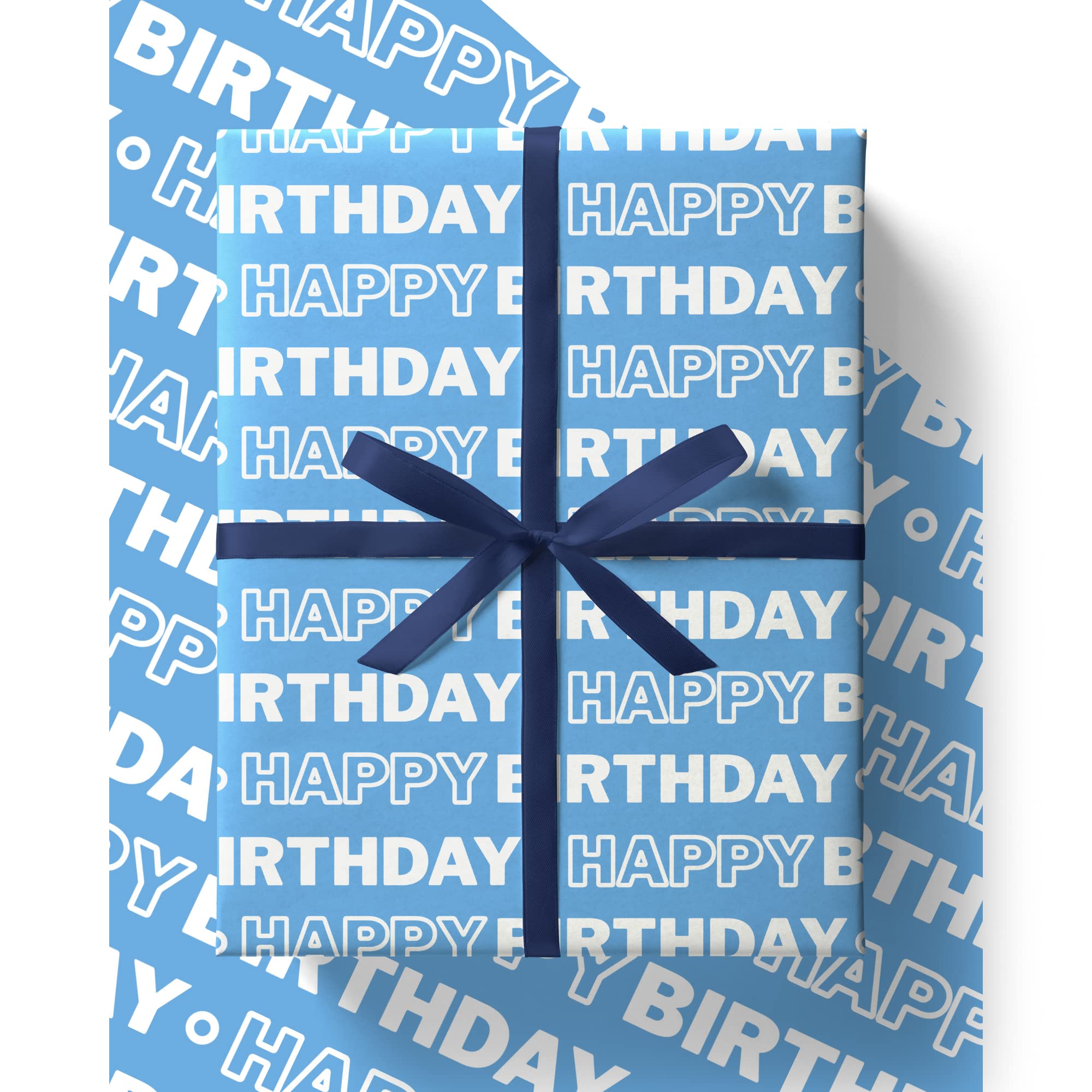 4 x Sky Blue Birthday Wrapping Paper - HUGE 43% BIGGER [84cm x 60cm] Eco Friendly Recyclable Premium Happy Birthday Gift Wrap (4 Sheets & 4 Tags)