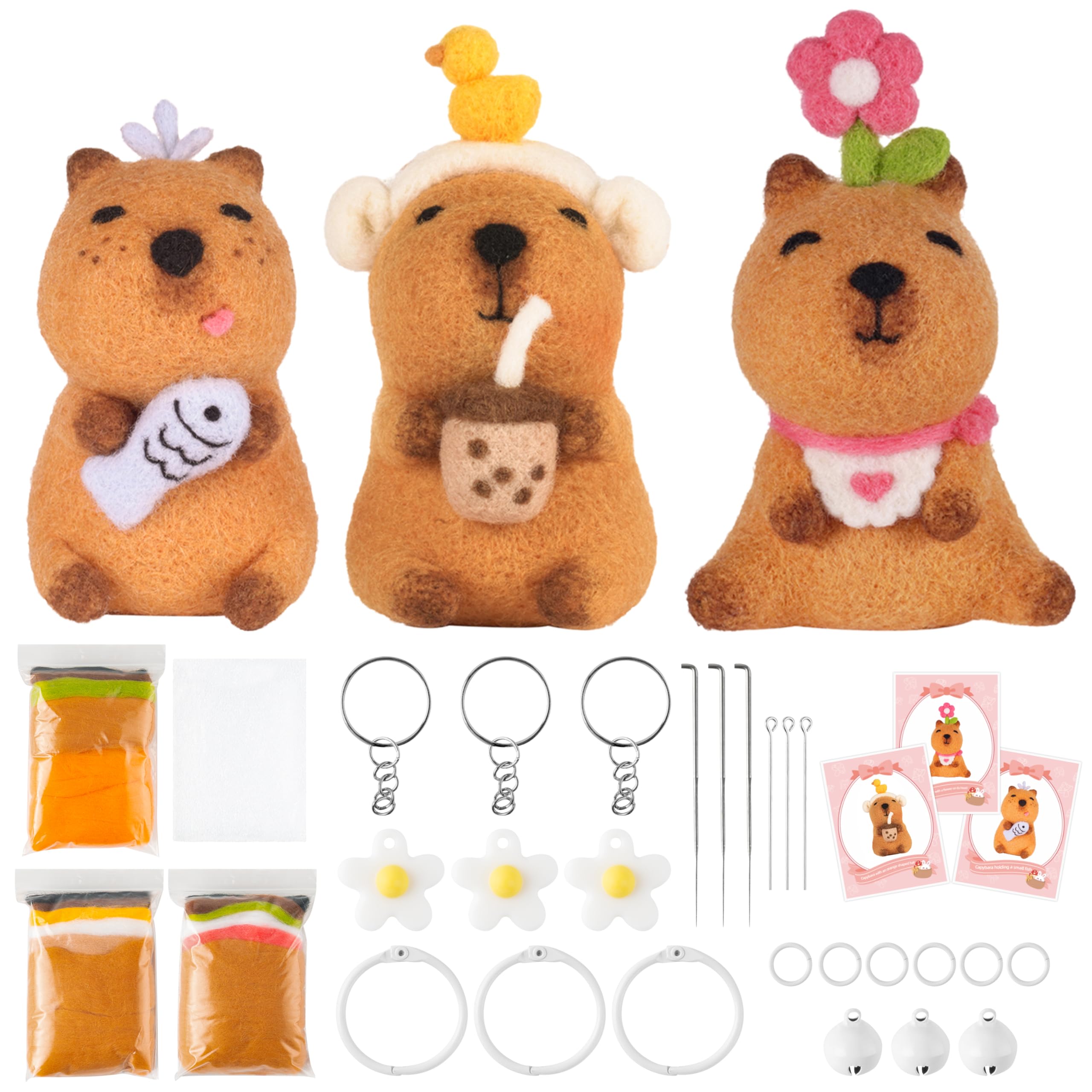 Wood Homing Capybara Needle Felting Kit - 3 Pack Animal DIY Wool Roving Craft Materials Set with Felt Tool Instruction Foam Mat Flower Keyring for Adults Kid Boy Girl Beginners Christmas Birthday Gift