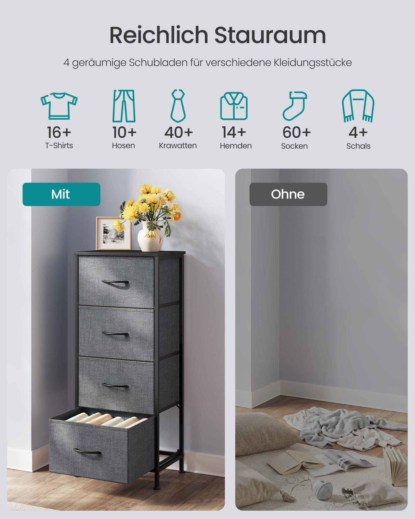 SONGMICS BELLAH Kollektion - Kommode, Schrank, Aufbewahrungsschrank, für Schlafzimmer, Flur, Wohnzimmer, Stahl, 4 Schubladen, modern, schiefergrau LGS314G101 3
