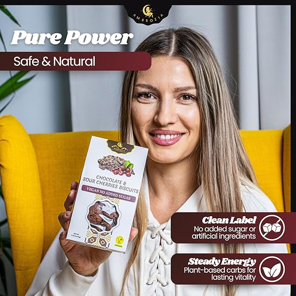 AMBROZIA VEGAN SNACK BISCUITS – CHOCOLATE & SOUR CHERRY – SOFT BAKED, NO ADDED SUGAR, CLEAN LABEL, HIGH FIBER & WHOLESOME INGREDIENTS, KID-FRIENDLY, HEALTHY SNACKS FOR ACTIVE LIFESTYLES, 4 X 4.58 OZ
