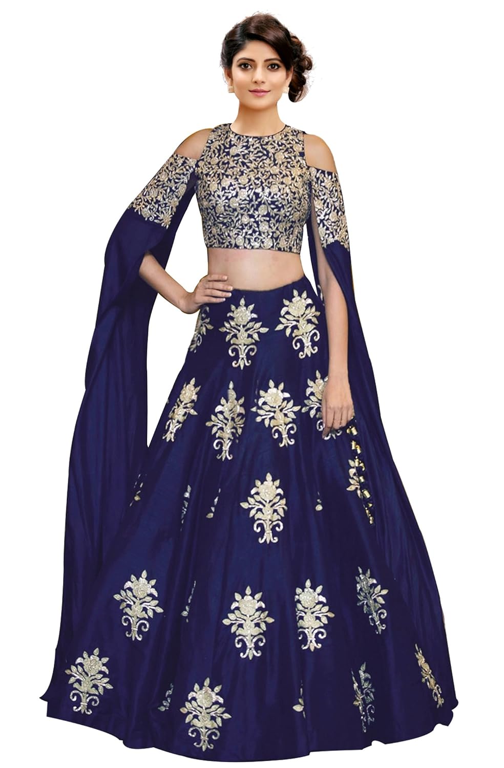 siddeshwary fab women's taffeta silk with blouse piece lehenga choli (navy blue_semi stitched_free size)
