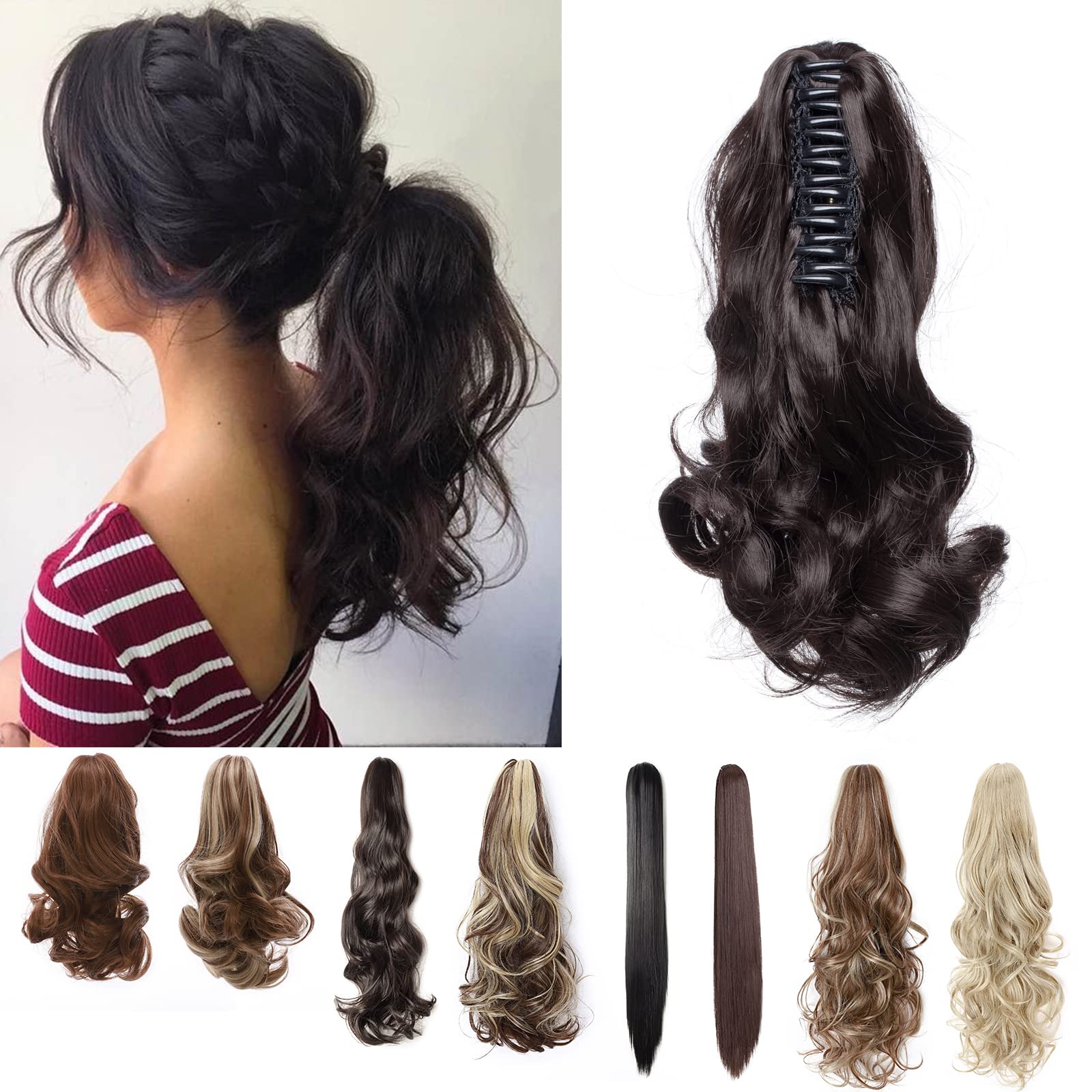 Long Short Claw Ponytail Hair Extension One Piece Cute Clip in on Ponytail Jaw/Claw Synthetic Straight Curly Hairpieces 12" Curly Dark Brown