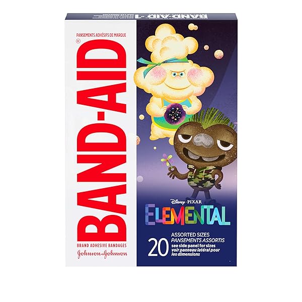 BAND-AID BRAND ADHESIVE BANDAGES FOR MINOR CUTS & SCRAPES, WOUND CARE FEATURING DISNEY’S ELEMENTAL CHARACTERS, FUN BANDAGES FOR KIDS AND TODDLERS, ASSORTED SIZES, 20 COUNT