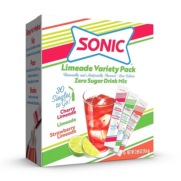 SONIC SINGLES TO GO LIMEADE VARIETY PACK, WATERTOK POWDERED DRINK MIX, INCLUDES 3 FLAVORS, LIMEADE, CHERRY LIMEADE, STRAWBERRY LIMEADE, 1 BOX (30 SERVINGS)