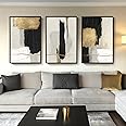 Large Framed Black and White Abstract Wall Art for Living Room, 3 Piece Big Canvas Prints Paintings Artwork for Walls, Modern Minimalist Black Gold Pictures for Hallway Office Wall Decor 24x36 Inch